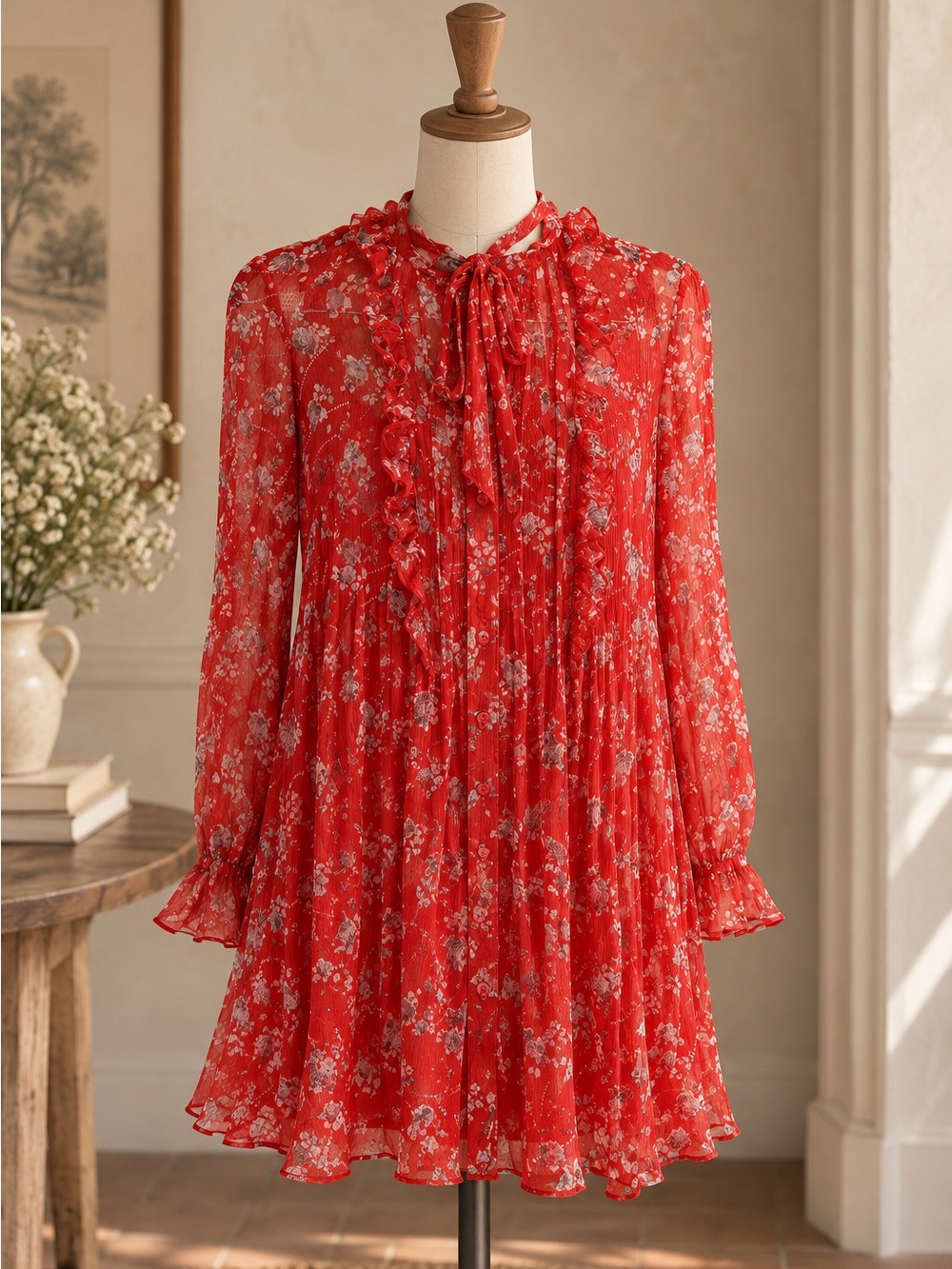 The Kooples Red Floral Silk Ruffle Dress with Slip Size XXS Like New